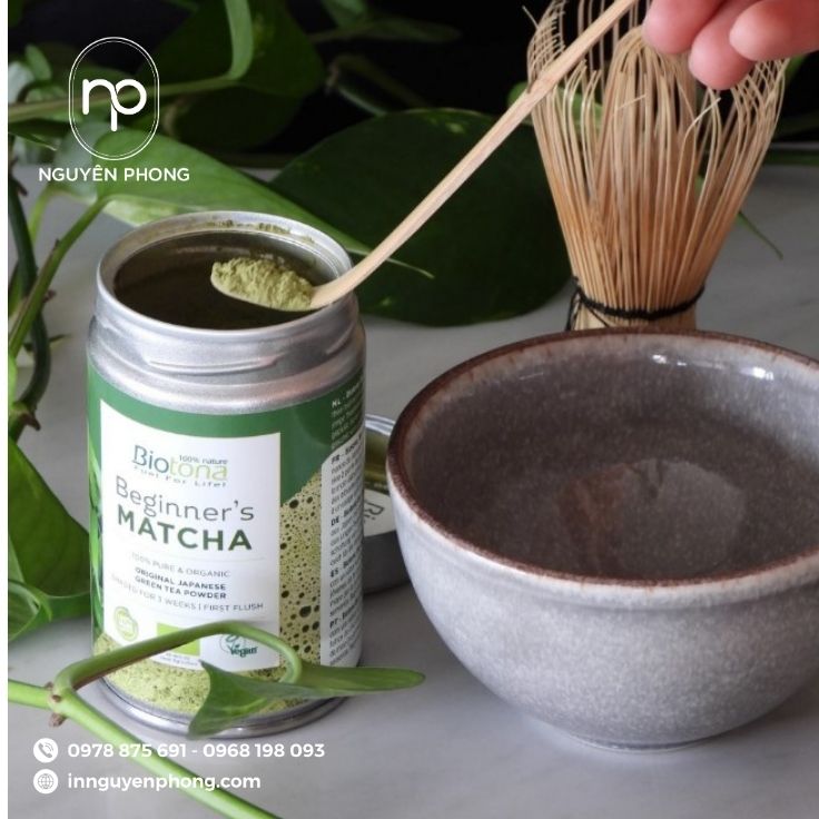 Mẫu tem nhãn bột trà xanh in logo thương hiệu